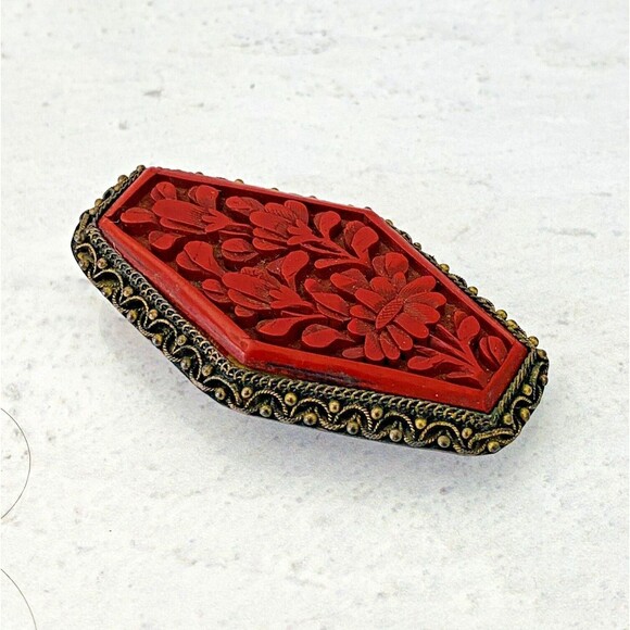 Authentic Cinnabar Dress Clip Gold Tone Hexagonal Art Deco Brass Copper 2 3/8" L - Picture 3 of 8